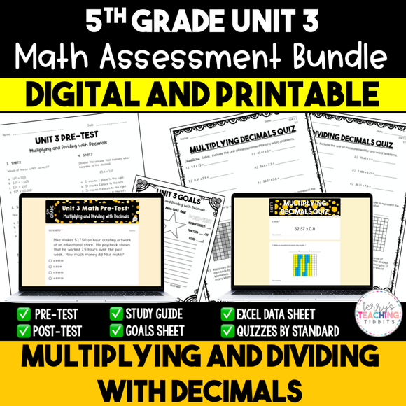 5th Grade Math Unit 3 Assessments: Multiplying and Dividing with Decimals