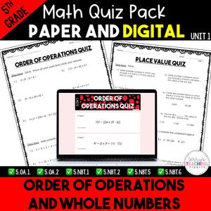 Order of Operations and Whole Numbers Quiz Bundle - 5th Grade Math Unit 1