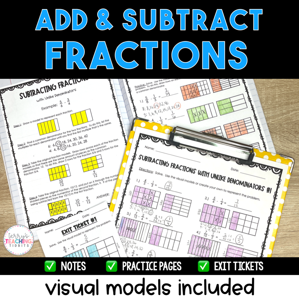 Visualizing Subtraction Add and Subtract Fractions - Visual Models Included - Printable β Terry ...