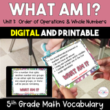 What Am I? 5th Grade Math Vocabulary - Order of Operations & Whole Numbers