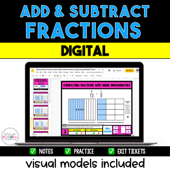 Add and Subtract Fractions - Visual Models Included - Digital