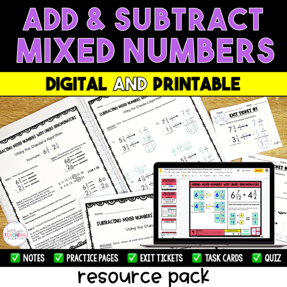 Add and Subtract Mixed Numbers - Digital & Printable