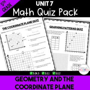 Geometry and the Coordinate Plane Printable Quiz Pack {5th Grade Unit 7}
