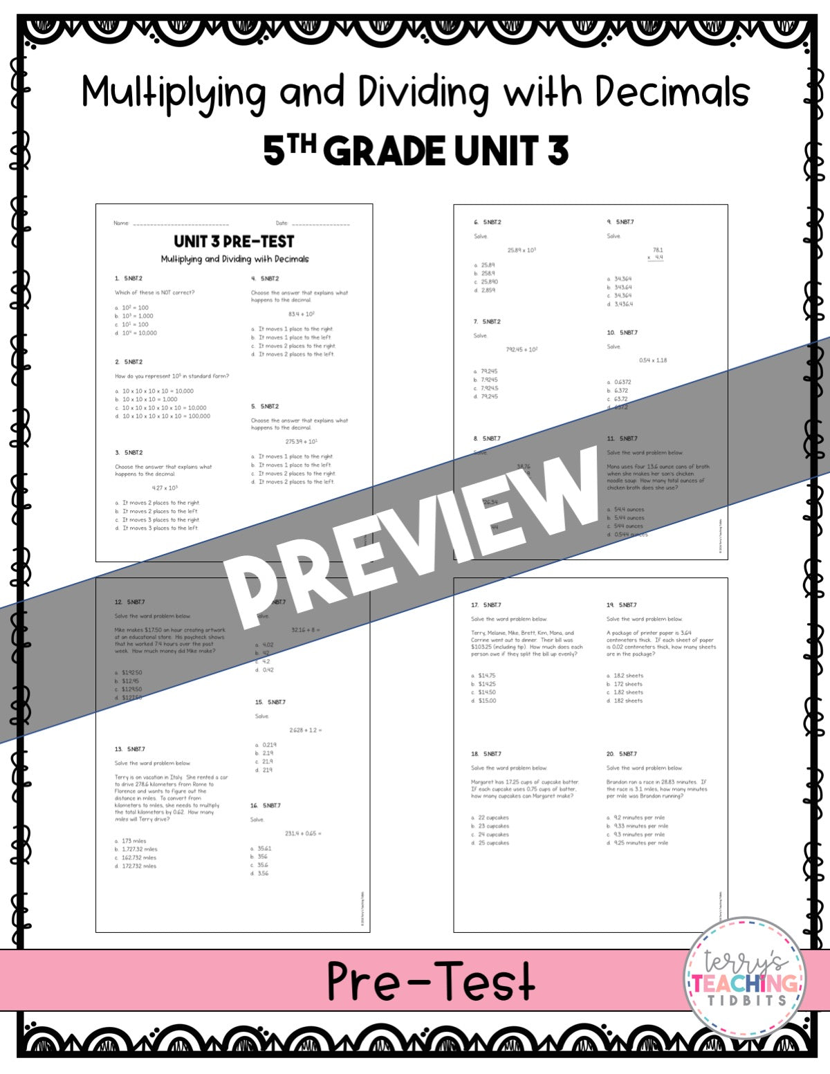 5th Grade Unit 3 Math Test Pack Paper – Terry's Teaching Tidbits for 4th Grade Assessment Test Printable Free