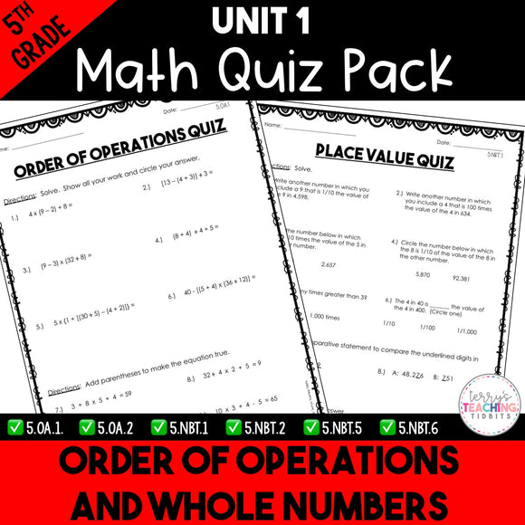 Order of Operations and Whole Numbers Printable Quiz Pack - 5th Grade Unit 1