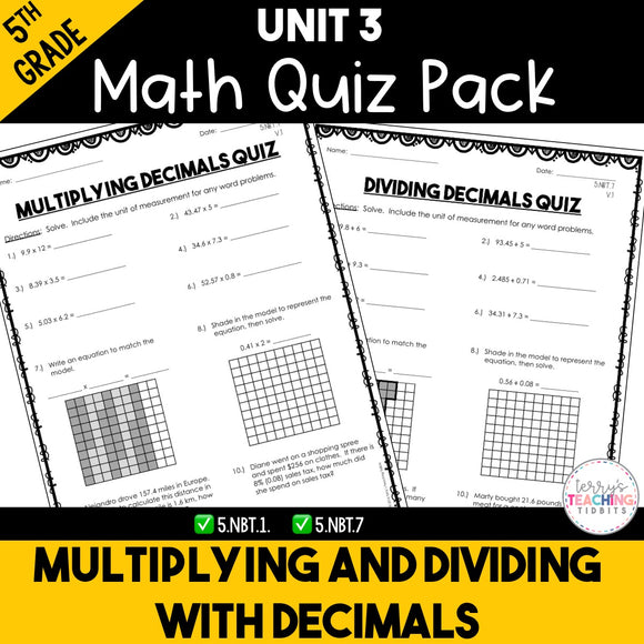 Multiplying and Dividing Decimals Quiz Pack {5th Grade Unit 3}