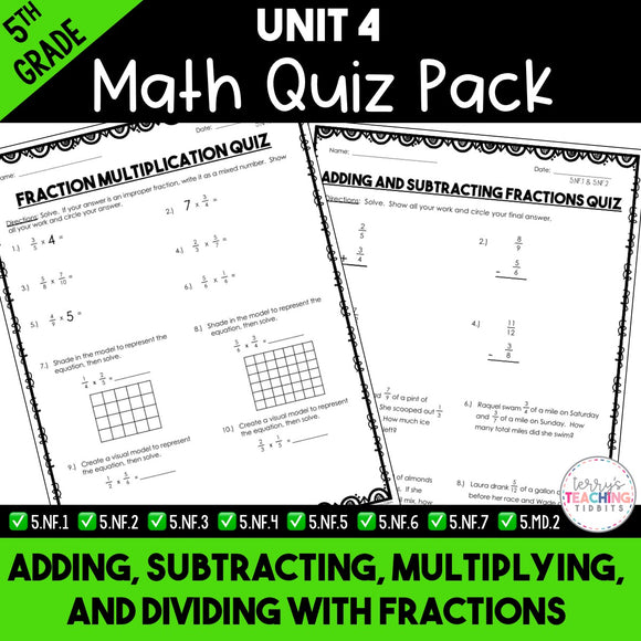 Add, Subtract, Multiply, and Divide Fractions Paper Quiz Pack {5th Grade Unit 4}